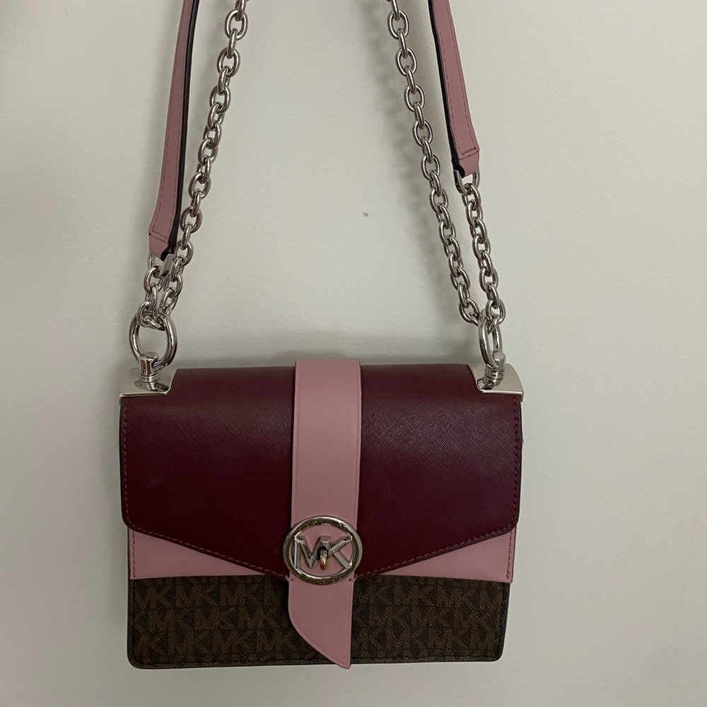 Michael Kors Pink and Burgundy Leather Chain Strap Crossbody